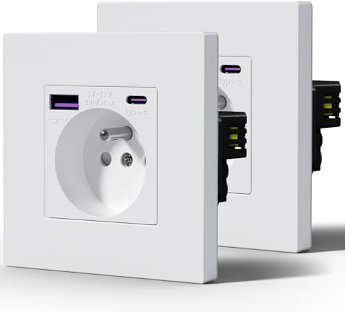 BSEED Prise Electrique avec USB et Type C, 20W Charge rapide, Prise Murale avec Panneau En Plastique, Alternatif Norme Française 16 Amp 240V 86mm Blanc, 2 Paquests