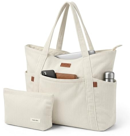 Captain Blues Cord Tasche Damen, Groß Tote Bag Strandtasche mit Reißverschluss, Shopper Tasche, Arbeitstasche Damen für Arbeit Schule (Beige)