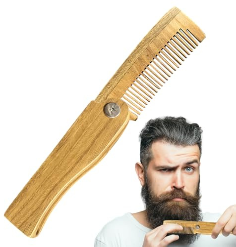 Skäggkam för män – bärbar hopfällbar mustaschkam, naturligt trä skäggborste, antistatisk mustaschficka, borstning vikbara vårdverktyg för män gåva