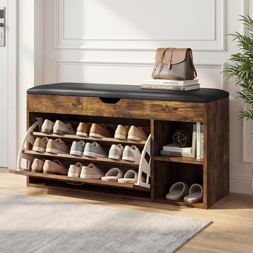 BonVache Schuhbank mit Sitzfläche, Sitzbank mit Stauraum, Schuhbank mit 3 Fächern, Fach unter Sitzkissen, verstellbare Regale, Schuhregal für Wohnzimmer, Flur, bis 150 kg belastbar, Vintagebraun