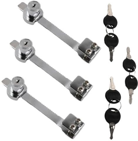 3Pcs Cerradura de Sierra de Hoja Deslizante con 6 Llaves, Sin Taladrar Ajustable Cerradura Taquilla, Lock Terrario Gabinete Vitrina Ventana Mailbox, Fácil Instalar Aleación Cerraduras Cajon, 27x20mm
