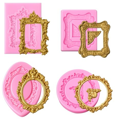 4 Pcs Baroque Frame Mold, Picture Photo Frames Air Dry Clay Molds Mini Silicone Frame Fondant Mold for Cupcake Topper Cake Decoration Chocolate Candy Dessert Decor Polymer Clay Crafting