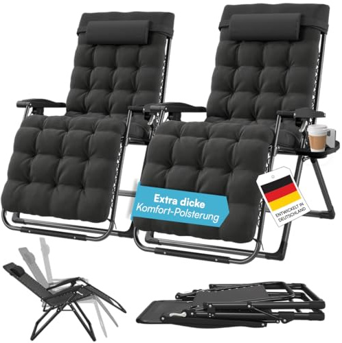 STEELSØN Lysira Zero Gravity Gartenliege 2er-Set, Schwarz, Gestell Schwarz | Klappbare Sonnenliege, Liegestuhl, Relaxliege mit Getränkehalter, Campingliege mit Polsterauflage, bis 200kg, Terrassenliege