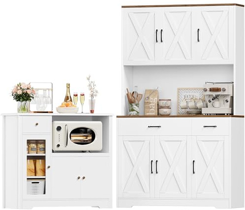 HOCSOK Küchenschrank Set, Buffetschrank mit Steckdosen & Mikrowellenregal, Sideboard Küche mit Acryltür, Hochschrank Vorratsschrank für Kaffeebar, Esszimmer, Wohnzimmer (Weiß)