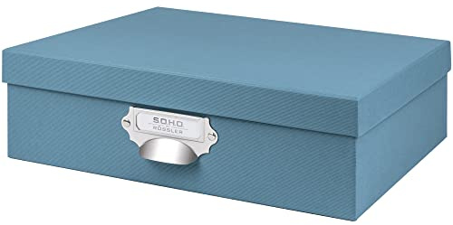 Rössler SOHO Aufbewahrungsbox mit Deckel A4 | Aufbewahrungsbox aus Papier | Bad Organizer | Organizer Küche | Organizer Schminke | Boxen Aufbewahrung | 34 x 26 x 10 cm | 1 Stück | Farbe: Blau | Denim | Organizer aus Karton für DIN A4 Dokumente, Bürobedarf, Bastelmaterial und Accessoires