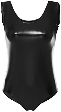 FYMNSI Justaucorps de ballet brillant pour femme - Body de danse - Body sans manches - Effet mouillé - Combinaison de gymnastique - Combinaison en cuir verni - Haut en cuir laqué, Noir , L