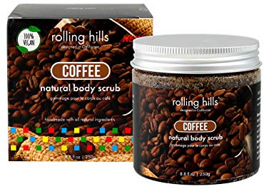 Rolling Hills - Natürliches Kaffee-Peeling - Körper- und Gesichtspeeling - 100% natürlich und 100% vegan - Peeling und Feuchtigkeitscreme - Für eine frische und verjüngende Haut - 250 g Dose