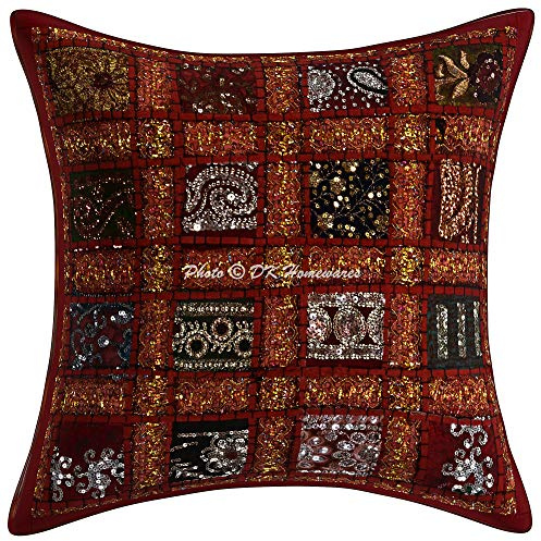 DK Homewares Traditionnelle Coton Géométrique Bordeaux 40X40 Cm Taie d'oreiller Décor Lounge 16 X 16 Pouces Brodé Patchwork Housse De Coussin Extérieur (Bordeaux) - 1 Pc