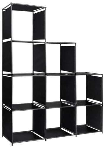 vidaXL Stufenregal mit 9 offenen Fächern Treppenregal Bücherregal Regal Wandregal Standregal Raumteiler 130×45×170cm Stoff Stahl Schwarz