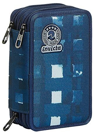 Invicta Federmäppchen, Mäppchen, Mehrfarbig, Federtasche für Schreibwaren, Etui mit Stiften, Kugelschreiber, & mehr, 3 Fächer, Mädchen & Jungen, Schule - Grundschule, XXL Grid Shades blau