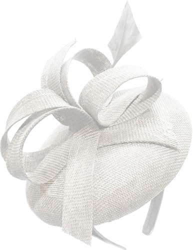 Sinamay Tyg pillbox hatt pannband abstrakta öglor struktur en lång fjäder fascinator askot hatinator raser Storbritannien (vit)