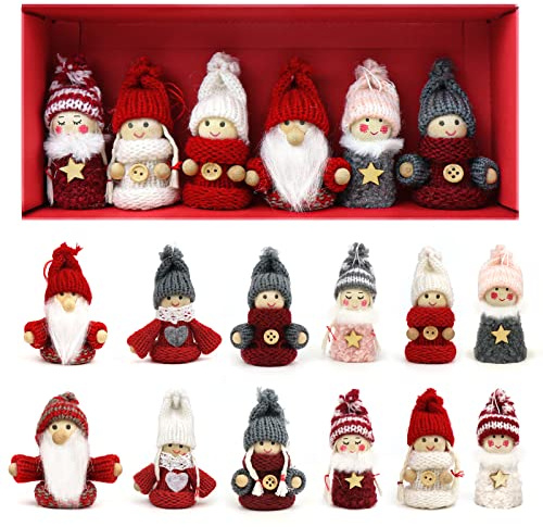 FHzytg 12 Stück Kleine Wichtel Figuren, Wichtel Anhänger für Weihnachten Christbaum Deko Holz Anhänger Tannenbaum Weihnachtsbaum Deko für Weihnachten