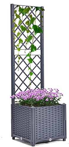 Mingone Pflanzgefäss Rankgitter Hochbeet Blumenkasten mit 1 Pflanzgefäß Wasserspeicher Balkonkasten Rattan Optik für Garten Terrasse 40x40x136cm，Grau