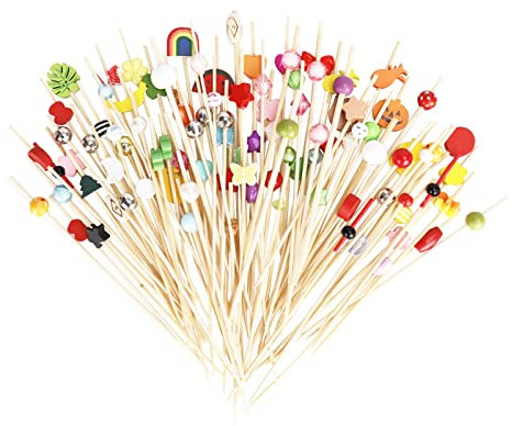 100 Stück Cocktailspieße 12cm Spieße Fingerfood, Cocktail Sticks in Verschiedenen Formen und Farben, Fingerfood Spieße, Geeignet Für Bar, Fasching Party Und Geburtstag Party Obstspieß Cocktail Deko
