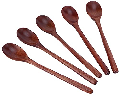 Cuillères en bois, 5 pièces Cuillères à long manche Cuillère à café Couverts Cuillère à remuer Ensemble de couverts Couverts en bois Ménage Cuisine Couverts de cuisine
