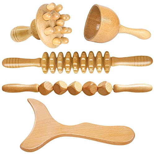 Limershow 5 in 1 Maderotherapie Komplettset Cellulite, Massageroller aus Holz, für Anti-Cellulite, Lymphdrainage, Gua Sha für Körper