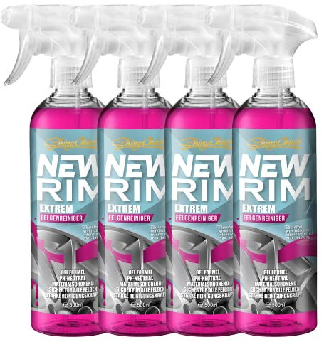 ShinyChiefs NEWRIM EXTREM - Felgenreiniger Sprühflasche pH-neutral mit extremer Lösekraft, gelartiger Kraftreiniger für alle Felgen - selbstständige Felgen-Aktivreinigung, Farbwechsel, rot,4x500ml