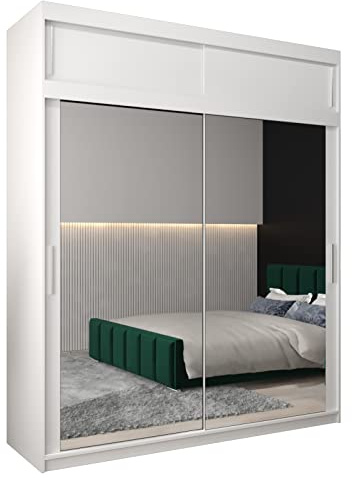 MEBLE KRYSPOL Tokyo 3 200 Schlafzimmerschrank mit Zwei Schiebetüren, Spiegel, Kleiderstange und Regalen – 200x240x62cm - Mattweiß mit Verlängerung