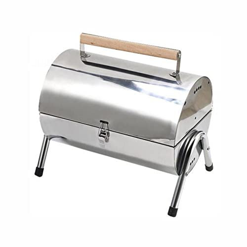 Tragbarer Camping-Edelstahl-Fass, BBQ, Holzkohlegrill, kompakte Größe, Tischgrill und seitliche Feuerbox für Garten, Camping, Picknick, Party, Reisen
