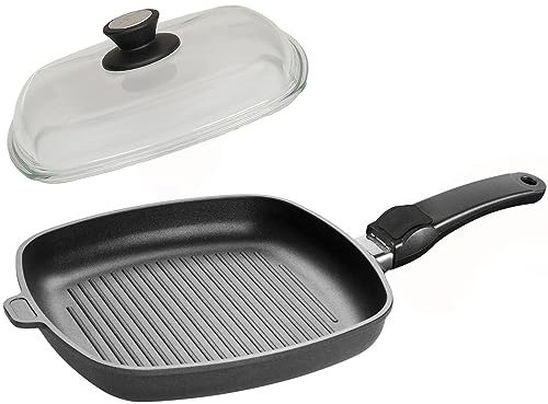 SKK große 2-tlg. Grillpfanne 26x26 cm - ohne Induktion - eckige beschichtete Aluguss Bratpfanne Griff abnehmbar & Vollglas Deckel - Made in Germany
