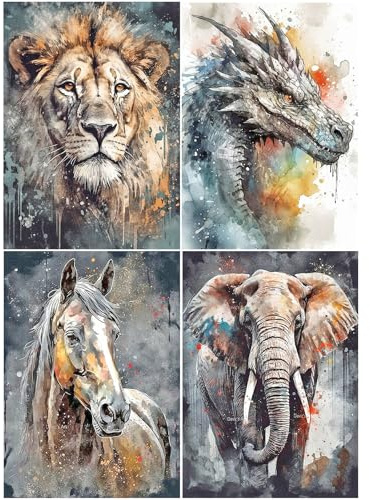 SHEGZHUC Diamond Painting Tiere 4er Set 30x40cm - Malen Nach Zahlen 5D Diamant Löwe, Drache, Pferd, Elefant - Erwachsene Bunt Mosaik Bastelset