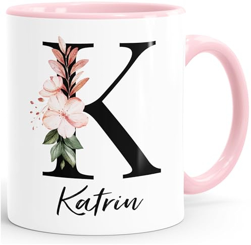 SpecialMeKaffee-Tasse Monogramm Initiale mit Namen personalisiert Blumen Blüten Dekor Floral Buchstabe Weiss-innen-rosa standard