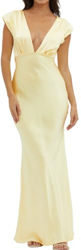 Halfisland Womens Summer Satin V Neck Cap Sleeve Backless Maxi Dress Elegant Twist Cut Out Midi Dresses Wedding Guest, Yellow, S