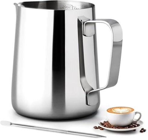 PLACHIDAY Milk Frothing Pitcher 20oz, Metal Barista Espresso Pitcher for Cappuccino Latte and Espresso, 304 Stainless Steel Coffee Tools Cup 600ml