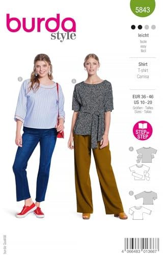 burda Camisetas de mujer de corte de papel con cuello redondo #5843, tallas 36-46