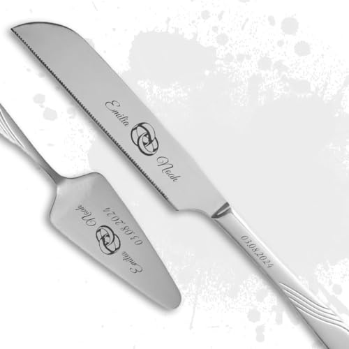 Tortenmesser + Kuchenheber Set mit eigener Gravur/Hochzeit Motiv Trauringe Geschenk Brautpaar Tortenheber (Ringe)