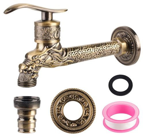 Vintage Wasserhahn, Wasserhahn Garten Antik Mit Klempnerband, 1/2 Zoll Antik Messing Hahn, Wandmontage Drache Geschnitzt Wasserhahns, Wand Wasserhahns Für Zuhause, Badezimmer, Küche (A)