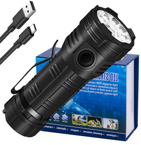 WANENK Lampe de poche LED extrêmement lumineuse rechargeable - 50 0000 lumens - 8 modes d'éclairage - 8 LED IPX68 - Étanche - Avec batterie de 5000 mAh - Pour les urgences en plein air, le camping -