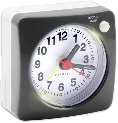 Small Travel Alarm Clock, Silent Analogue Non Ticking Clocks with Snooze Nightlight Function Bedside No Tick Quiet Large Display Mini Alarm Clock for Heavy Sleepers, glow in the dark, 6cm Black