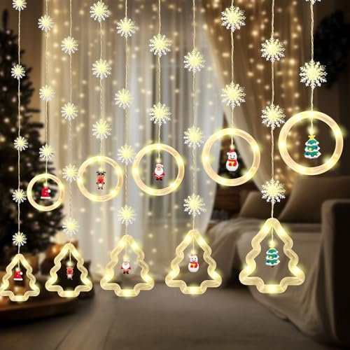 Lichterkettenvorhang Weihnachtsdeko,Weihnachtsbaum Lichtervorhang,Lichterkettenvorhang mit Weihnachtsschmuck,300*53 cm - 8 Modi USB -für Weihnachten, Innen- und Außenbereich [Energieklasse F]