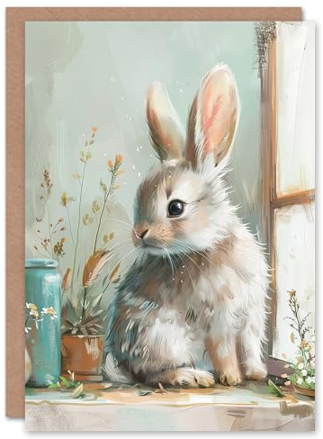 Artery8 Greeting Card Cute Bunny Rabbit on Window Sill Rustic Painting Blank For Him Or Her Art Birthday Card