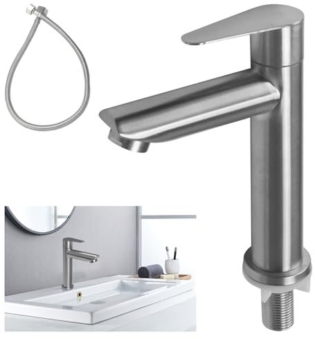 Minnhua Grifo Cocina Acero Inoxidable, Grifo Agua Fria con Manguera, Grifo de Baño Lavabo, Corto Mezclador Monomando Lavabo para Baño, Cocina, Lavabo (Salida Agua Recta)