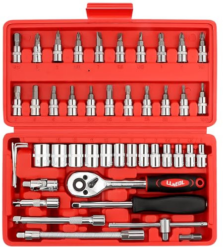 LLNEDL 46 Pieces 1/4 Drive Socket Set&Tool Sets, Ratchet Wrench Set with Bit Socket Set Metric and Extension Bar for DIY, Car Repair and Household with Storage Case（Red）