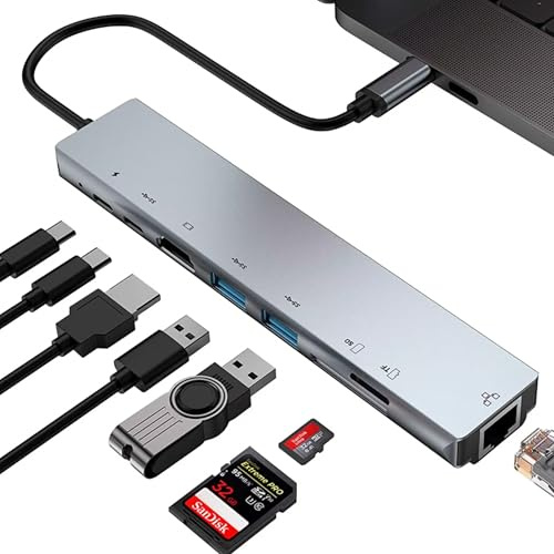 Hub USB C, 10Gbps Ethernet Gigabit HDMI 4K 60Hz 8 en 1 con PD 100W Adaptador Tipo C 3.2 Compatible con MacBook Air, Pro iPad, iPhone 16 Plus MAX, Surface, Galaxy Tab S9, Galaxy S24 Ultra, Surface