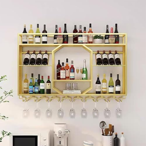 Wandmontiertes Weinregal Mit Hängendem Glashalter, Schwebende Regale Für Die Wand, Eisenbarregal, Spirituosenflaschenregal, Aufbewahrungsregale, Wandregale, Barschrank, Gold, 120cm/47.2in
