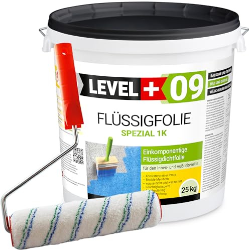 Level + 09 Flüssigfolie Spezial für Balkon, Terrasse, Bad & Dusche 25 kg | Dichtfolie unter Fliesen auf Beton, Putz & Estrich – Flüssigabdichtung Wasserdicht & Gebrauchsfertig – mit Farbroller 25cm