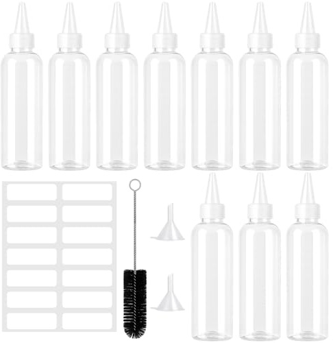 10 Stück 100ml Quetschflaschen Kunststoff, Klein Squeeze Flaschen, Spritzflaschen mit Trichtern Etiketten Reinigungsbürste für Flüssigkeiten, öl, Sauce, Pigment-Aufbewahrungsflaschen, Dressingshaker