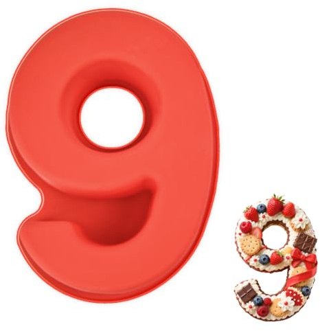 Vicloon Silikon Kuchenform Zahlen Groß, Silikon Backform Zahl 9, Antihaftend Silikons Backform, Eingedickt Number Cake Backforms, Besondere Backforms für Küche, Torte, Brot, Backen, Pudding- Rot