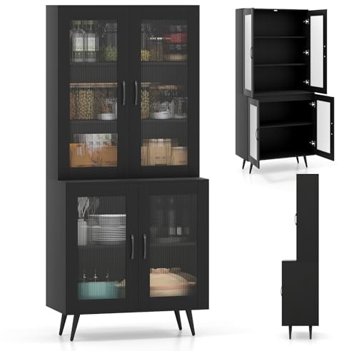 KOMFOTTEU Aparador de Cocina con 4 Puertas Transparente, Armario Buffet de 5 Niveles con Estantes Ajustables, Mueble de Almacenamiento, Armario Despensa para Comedor, Salón, 80 x 40 x 179 cm (Negro)