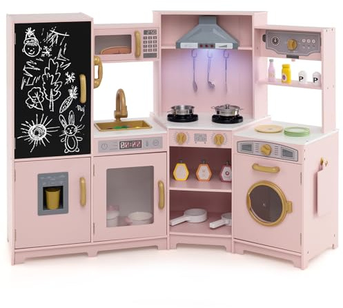 COSTWAY Kinderküche Holz, Spielküche mit Licht und Sound, Holzküche Eck mit Tafel, Mikrowell, Spüle, Ofen & Stauraum, inkl. Zubehör, Spielzeugküche für Kinder ab 3 Jahren (Rosa)