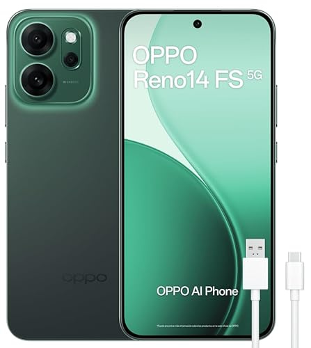 OPPO Reno14 FS 5G – Smartphone Libre con IA, 12GB RAM + 512GB, Cámara Triple 50MP, Batería 6000mAh, Carga Rápida 45W, Pantalla AMOLED 120Hz, IP69, Dual SIM, Android, Versión Española - Luminous Green