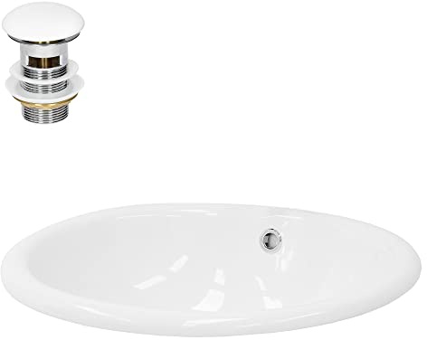 LuxeBath Waschbecken aus Keramik Weiß glänzend 490x405x195 mm oval mit Ablaufgarnitur Weiß, Einbauwaschbecken mit Überlauf, Aufsatzwaschbecken Einbauwaschtisch Waschschale Waschplatz Handwaschbecken