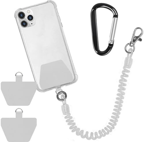 Catena per Cellulare Cavo a Spirale Flessibile Bianco, con Moschettone,Portachiavi Universale,con 2 Inserti Grigio, Compatibile con iPhone, Samsung, Huawei e Altri Smartphone