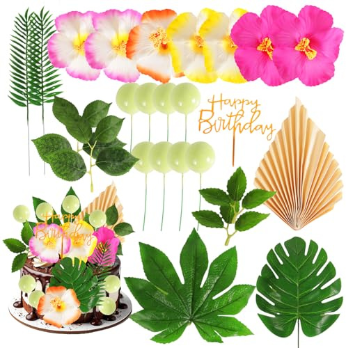 25PCS Hawaiian Cake Decorations, Artificial Cake Flowers, Leaves Palm Leaves, Cake Balls for Birthday Cakes Decorations Wedding Party Home Decor