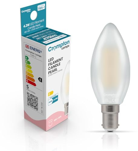 Crompton Lamps Filament Candle LED Light Bulb SBC-B15d | 4.2W = 40W Equivalent | Warm White 2700K | Energy Efficient | Small Bayonet Lightbulb | Long Life 10,000-Hrs | Pearl Glass | Dimmable