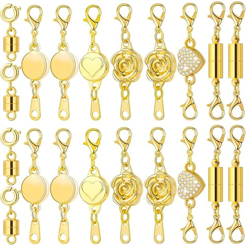 20 Piece Magnetic Clasp Collection, 6 Style Jewellery Magnet Fasteners with Extender Connectors, Easy to Use Magnetic Clasps for Necklaces and Bracelets (Gold)